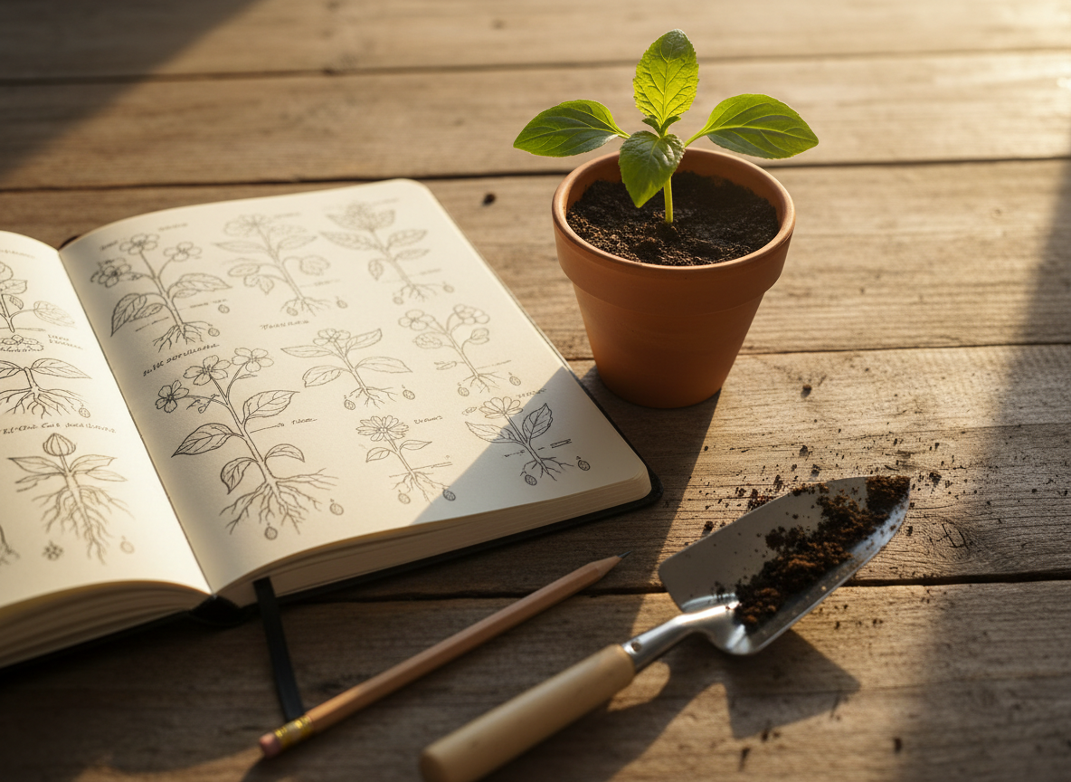 A sturdy, open notebook with cream-colored pages filled with neat, diagrammatic sketches of plant life cycles lies on a rustic wooden table. Beside it rests a small terracotta pot containing a single, healthy seedling with vivid green leaves emerging from rich, moist soil. A sharpened wooden pencil and a stainless-steel trowel with soil clinging to its edge are placed diagonally across the composition. Warm late-afternoon sunlight streams in from the right, creating elongated shadows and a golden, contemplative glow over the scene. The photographic realism, captured from a slightly elevated angle with sharp focus, conveys a thoughtful, professional atmosphere where theory and hands-on learning meet to grow something meaningful.