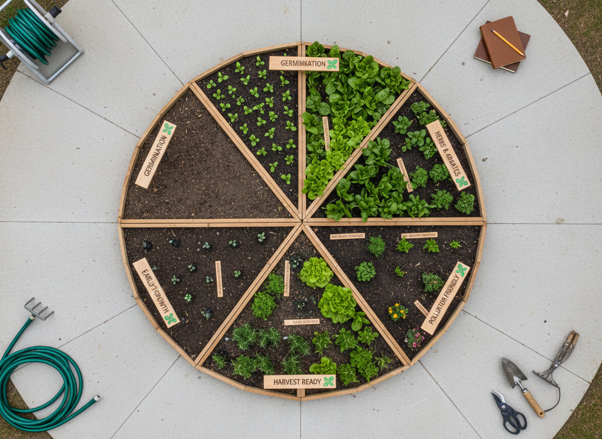 An overhead, bird’s-eye view of a meticulously arranged learning garden bed divided into clean geometric sections by narrow wooden borders. Each section contains different stages of plant growth, from freshly tilled dark earth to lush, leafy greens, with small, clearly printed educational plaques staked into the soil. The scene is bathed in bright but diffused midday light from an overcast sky, giving even illumination without harsh shadows. Surrounding the bed are neatly coiled hoses, a closed notebook, and organized tools laid on a paved path, all slightly blurred to center focus on the garden layout. The photographic style is clean and modern, evoking structured, professional outdoor education through real-world practice.